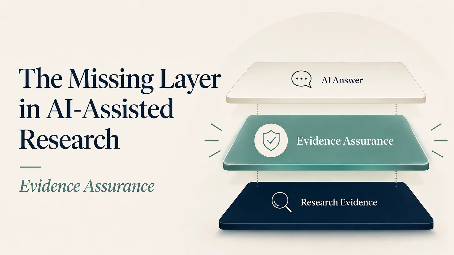 The Missing Layer in AI-Assisted Research: Evidence Assurance — a diagram showing Evidence Assurance as the layer between Research Evidence and the AI Answer